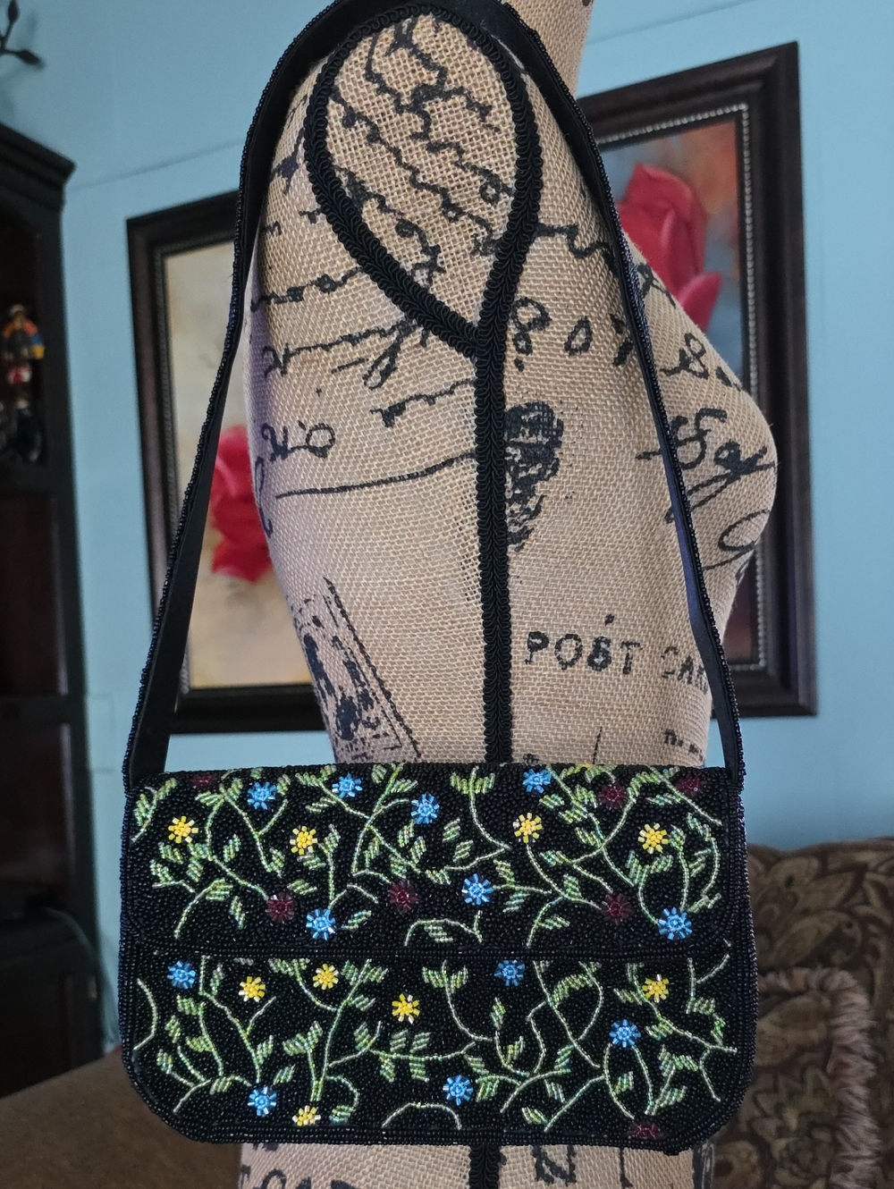 BARSE Beaded Floral handBag Black Multicolor Staud Antropologie